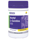 Bottle of Acetyl L-Carnitine 500 capsules with purple cap on a white background