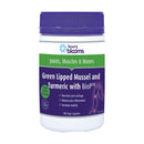 Supplement bottle labeled 'Green Lipped Mussel and Turmeric with BioPT' by Henry Blooms on a white background
