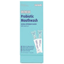 Probiotic mouthwash packaging with two packets on a light blue background