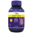 Bottle of Hearty Blooms Slippery Elm Bark capsules on a white background
