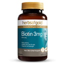 Herbs of Gold Biotin 3mg supplement bottle on a white background