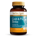 Herbs of Gold Cold & Flu Strike supplement bottle on a white background