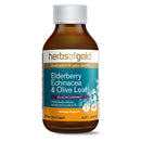 Herbs of Gold bottle with Elderberry, Echinacea, and Olive Leaf on a white background