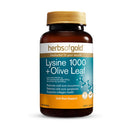 Herbs of Gold Lysine 1000 + Olive Leaf supplement bottle on a white background