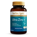 Herbs of Gold Ultra Zinc+ supplement bottle on a white background