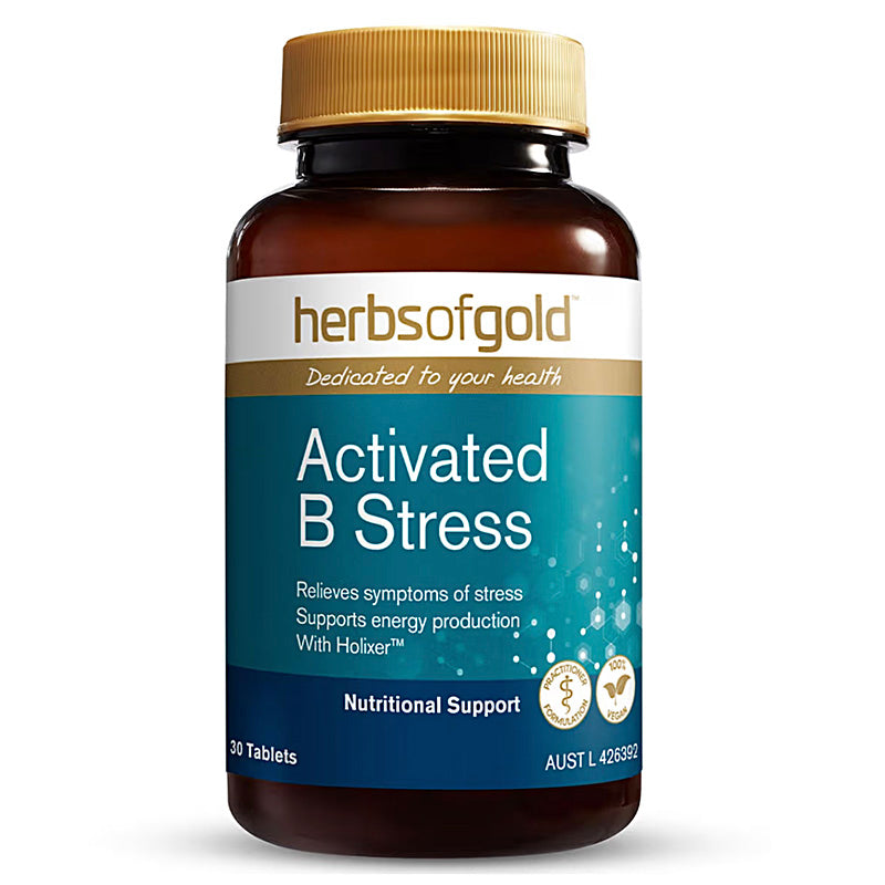 Herbs of Gold Activated B Stress supplement bottle on a white background