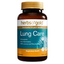 Herb of Gold Lung Care supplement bottle with a gold cap and a blue, white, and gold label, containing 60 tablets.