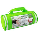 Rolled-up bamboo pillow with green packaging on a white background