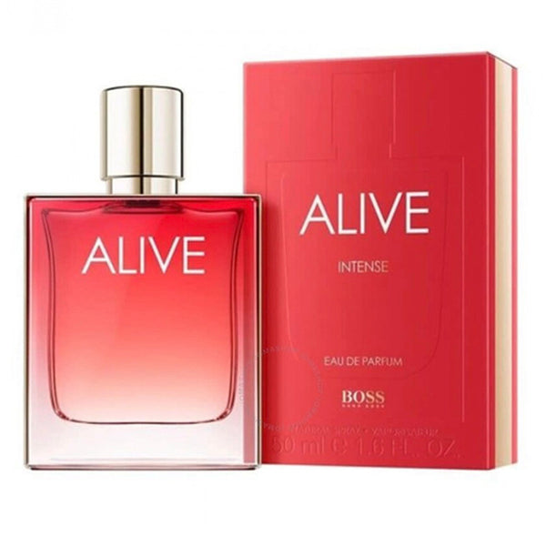 Hugo Boss Alive Intense Eau de Parfum bottle and packaging, the bottle is red and the packaging is also red with the brand name and product title displayed.
