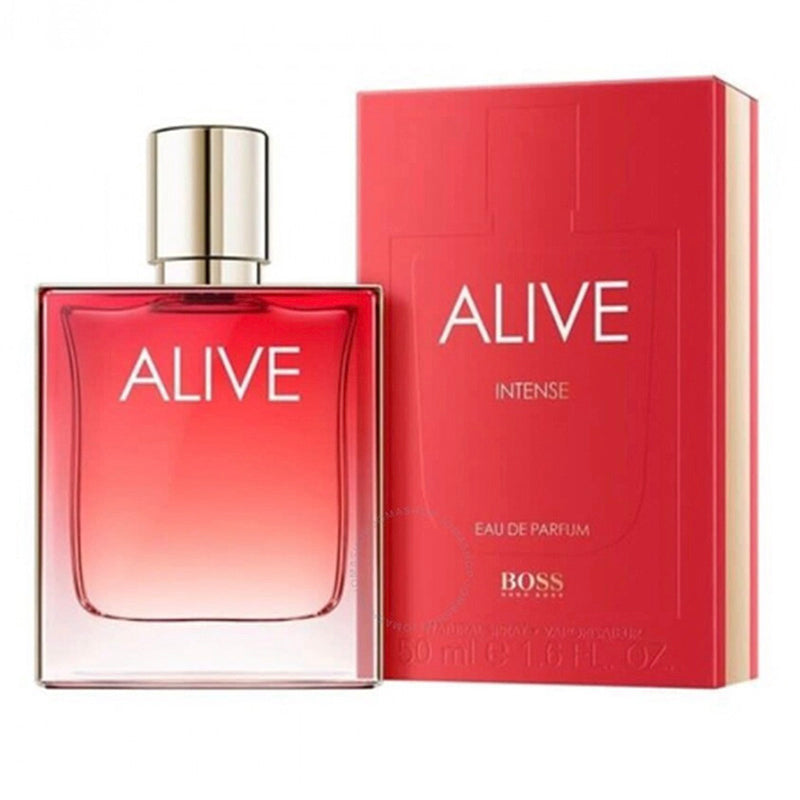 Hugo Boss Alive Intense Eau de Parfum bottle and packaging, the bottle is red and the packaging is also red with the brand name and product title displayed.