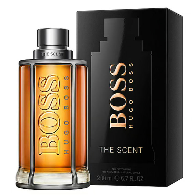 Hugo Boss The Scent perfume bottle and packaging on a white background