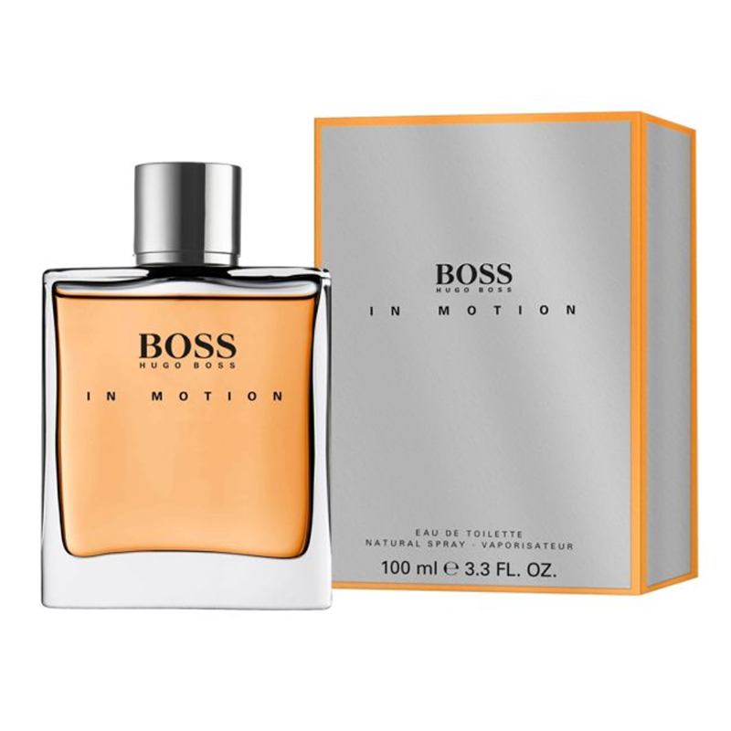 Hugo Boss In Motion perfume bottle and packaging on a white background