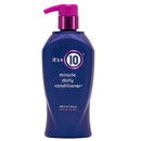 Blue bottle of 'it's a 10' miracle daily conditioner with purple pump on white background