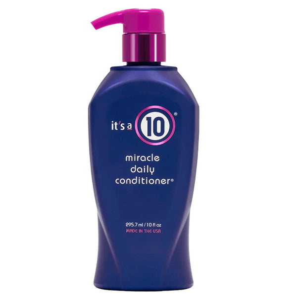 Blue bottle of 'it's a 10' miracle daily conditioner with purple pump on white background