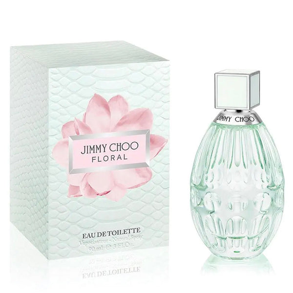 Jimmy Choo floral perfume bottle and packaging on a white background