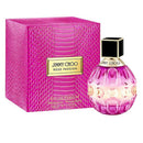 A product image featuring a Jimmy Choo Rose Passion perfume bottle with a pink box. The bottle is transparent with a purple liquid inside and has a black cap.
