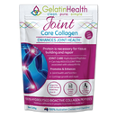 A stand-up pouch of GelatinHealth Joint Care Collagen on a plain white background. The packaging is primarily white with a large magenta/purple panel, blue and pink text, and an illustration of a human leg with glowing joint areas.