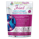 A 450g stand-up pouch of GelatinHealth Joint Care Collagen on a plain white background. The packaging is white with a prominent magenta/purple section, featuring a blue anatomical illustration of a human leg with glowing joint highlights.