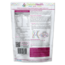 The back of a GelatinHealth Clean Pure Simple protein powder package, showing nutritional information, ingredients, directions, benefits, and a QR code on a white background.
