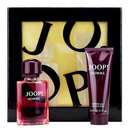 Joop! Homme 2 Piece Gift Set, including a bottle of eau de toilette and a tube of shower gel, both with the brand name visible, displayed in front of a black frame with a yellow text background.