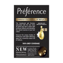 Preferènce hair color packaging with text and product image on a black background