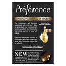 Preferènce hair color packaging with text and gold droplet illustration on a black background