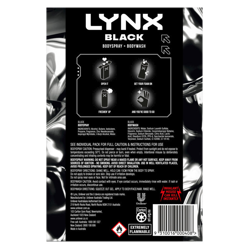Lynx Black bodyspray and bodywash packaging with black and white design.