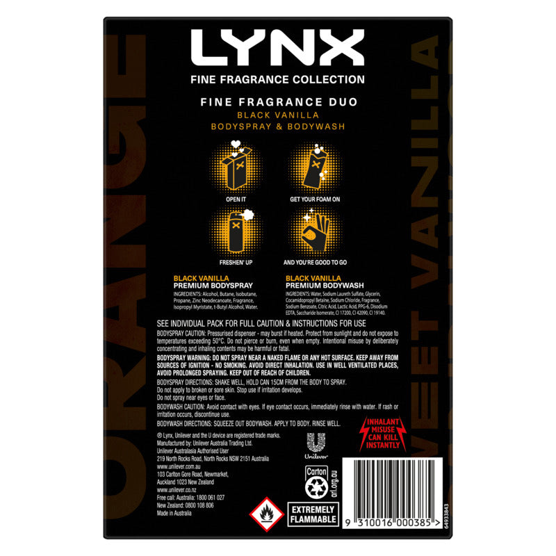 Lynx Black Vanilla fine fragrance collection packaging on a white background