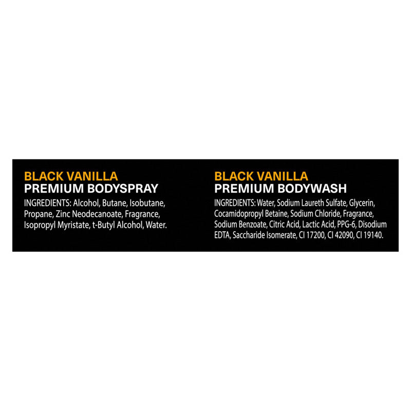 Two labels for Black Vanilla premium bodyspray and bodywash on a white background