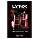 LYNX Fine Fragrance Collection Cherry Spritz duo packaging with bottles and cherries on a black background.