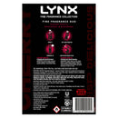 Back of a Lynx fine fragrance collection packaging with cherry spritz products.