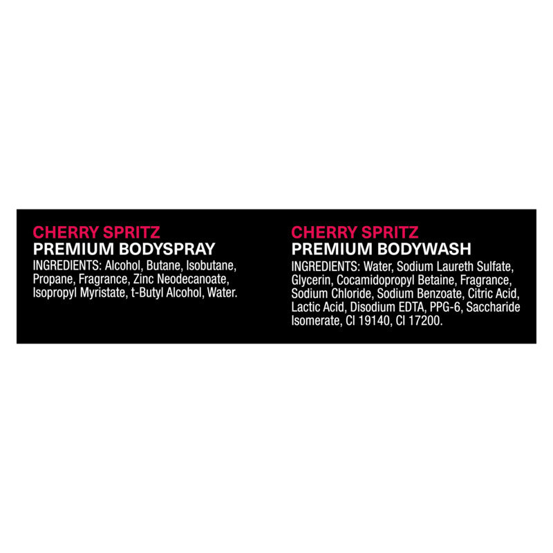 Ingredients list for Cherry Spritz Premium Bodyspray and Bodywash on a white background