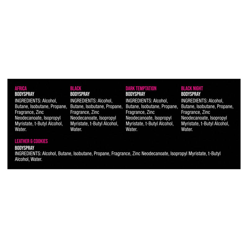 List of body spray ingredients on a black background
