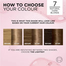 Hair color chart showing before and after effects with a pink background