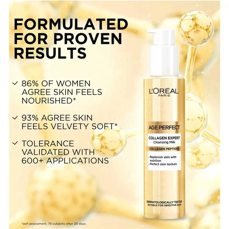 L'Oreal Age Perfect Collagen Expert Cleansing Milk bottle with product benefits on a gold background