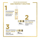 L'Oreal Age Perfect skincare routine with cleanser, day cream, and night cream on a white background.