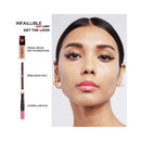 Makeup products with a model's face on a white background