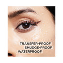 Close-up of an eye with waterproof makeup, text indicating 'Transfer-proof, Smudge-proof, Waterproof'.