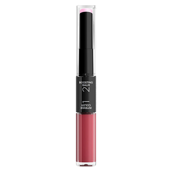Lip balm with pink shade and black packaging on a white background
