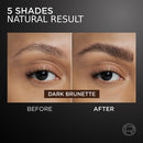 Before and after comparison of dark brunette eye makeup on a neutral background