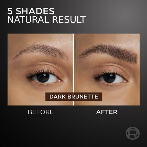 Before and after comparison of dark brunette eye makeup on a neutral background