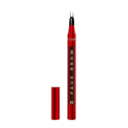 Red brow pen with black cap on a white background