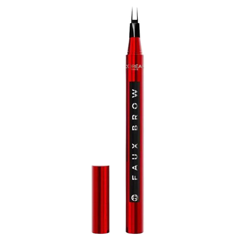 Red brow pen with black cap on a white background