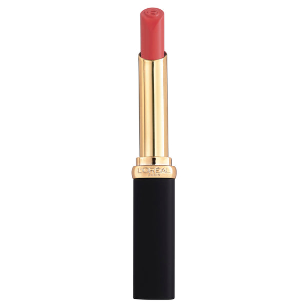 A photo of LéOreal Paris Colour Riche Intense Volume Matte Lipstick in the shade Coral Irreverent, showing the lipstick in a matte finish with a gold and black packaging.