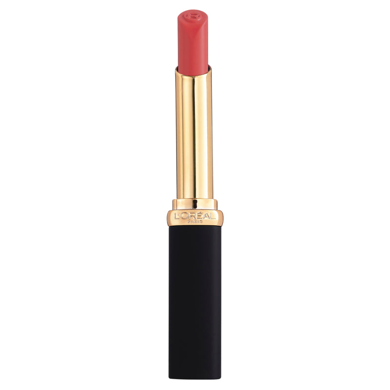 A photo of LéOreal Paris Colour Riche Intense Volume Matte Lipstick in the shade Coral Irreverent, showing the lipstick in a matte finish with a gold and black packaging.