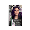 L'Oreal Paris Préférence hair color packaging with a model wearing purple hair on a white background