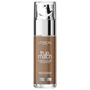L'Oréal Paris True Match Super-Blendable Foundation in shade E10, shown in a clear bottle with a silver pump and a brown liquid foundation visible inside, on a white background.