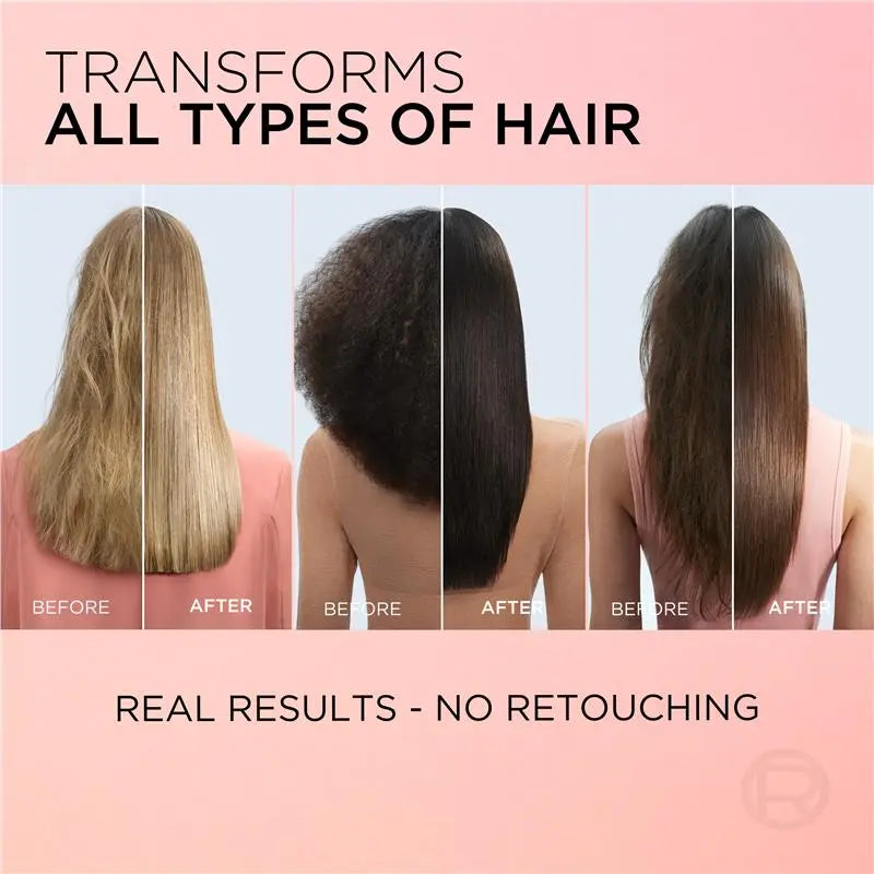Before and after hair transformation with a pink background and text.