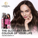 L'Oreal Paris hair color product with a model featuring glossy brown hair on a light background.