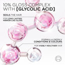 Molecular structure with pink and clear components labeled '10% Gloss Complex with Glycolic Acid' on a white background.